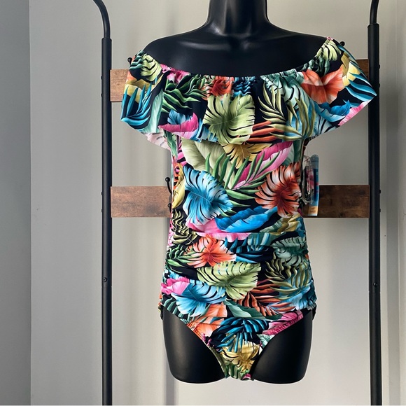 Swim Solutions Woman's Tummy Control Black Multi Floral One-Piece Swimsuit 10 - Picture 2 of 8